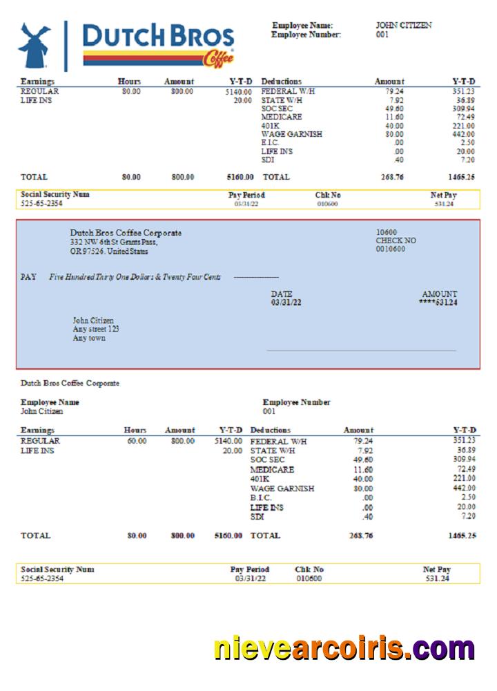 USA Dutch Bros Coffee Corporate coffeehouse company pay stub